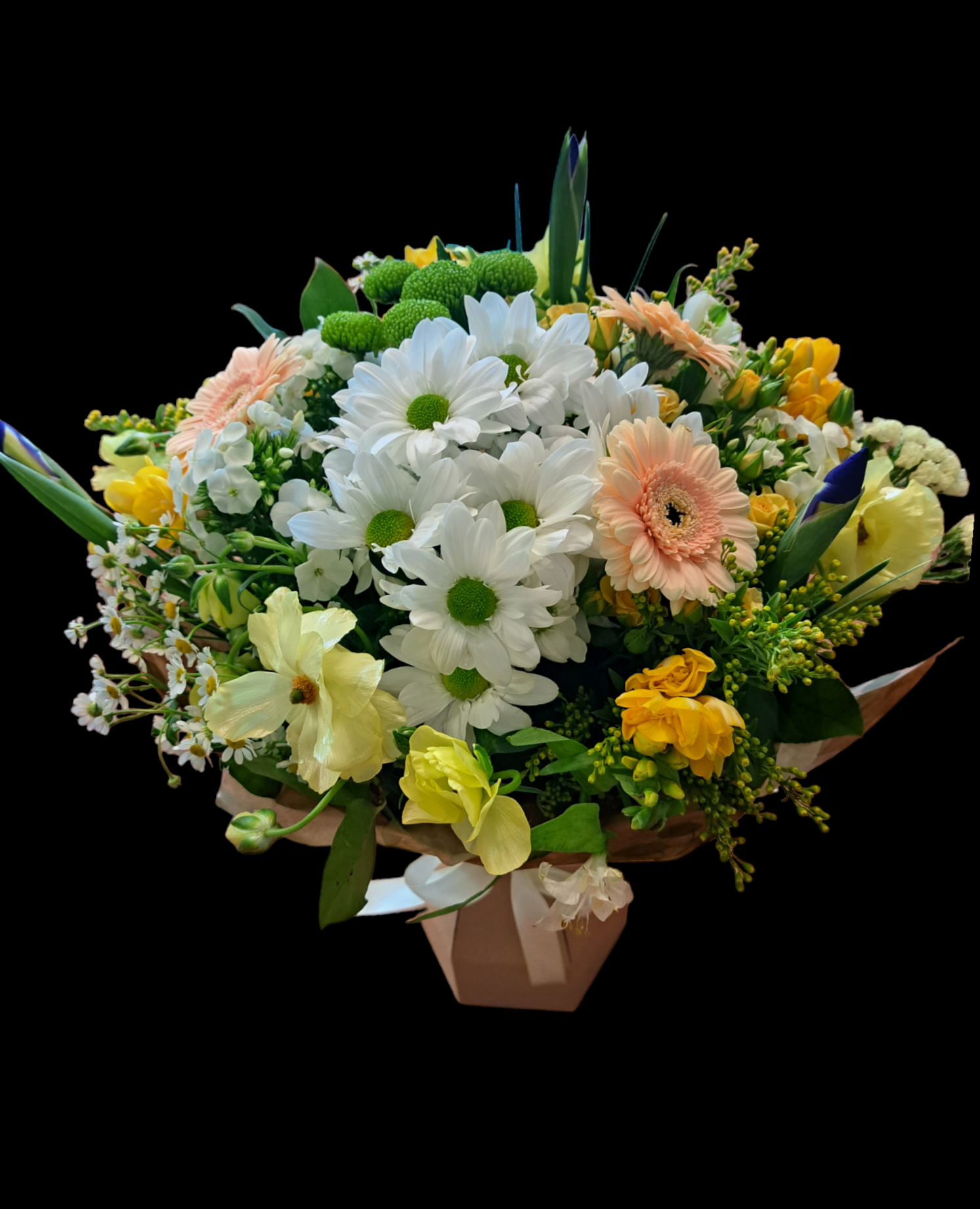 This bouquet is on a peach cream and white variation with mixed foliages.