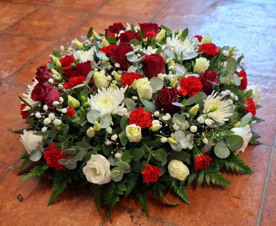 The picture shows a mixture of red and white flowers