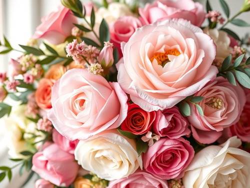 The image shows a bridal bouquet of different sizes of Roses in shades of pink, white and apricot with small amounts of Eucalyptus parvifolia foliage.